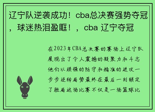 辽宁队逆袭成功！cba总决赛强势夺冠，球迷热泪盈眶！，cba 辽宁夺冠