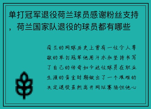 单打冠军退役荷兰球员感谢粉丝支持，荷兰国家队退役的球员都有哪些