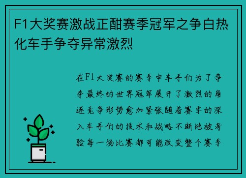 F1大奖赛激战正酣赛季冠军之争白热化车手争夺异常激烈