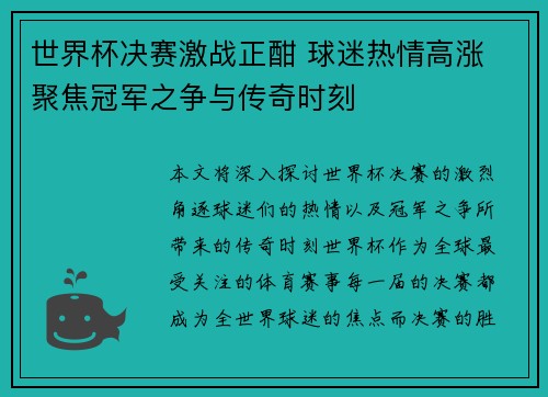 世界杯决赛激战正酣 球迷热情高涨 聚焦冠军之争与传奇时刻